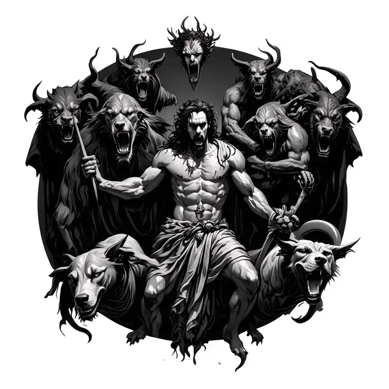 Hades Greek God In The Underworld Scene With Various Demons And Hell Hounds