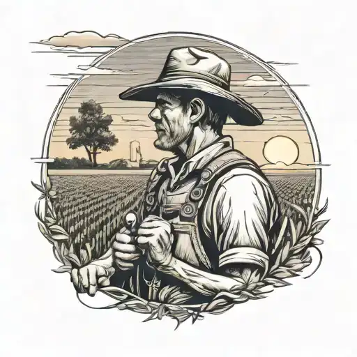 Create A Detailed Portrait Of A Farmer Working In A Field With A Sunset Background