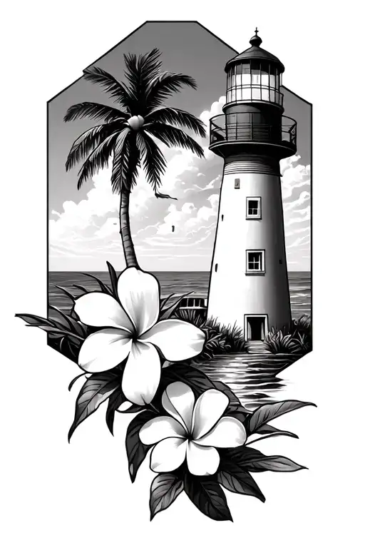 Frangipani And A Palm Tree Next To A Lighthouse With Subtle Hexagon Background