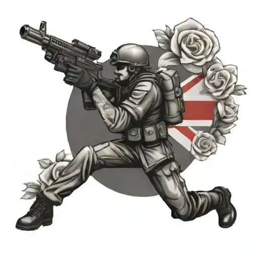 Full Body Army Man Holding A Gun With The England Flag Behind Him With Flowers