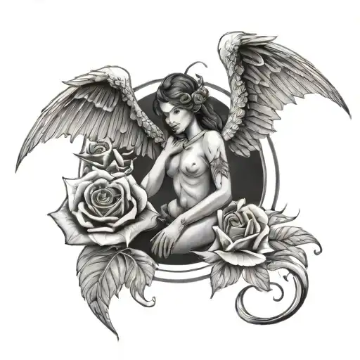 Angel In The Front With A Dragon And A Rose In The Back