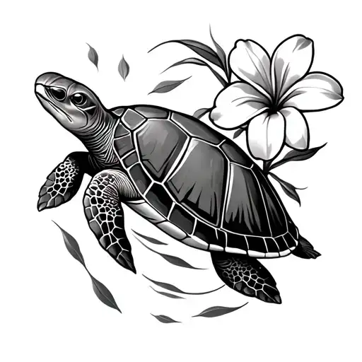 Frangipani Flowers Next To A Turtle Swimming Gracefully