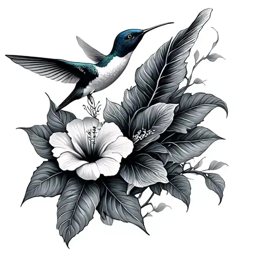 Koi Fish And Humming Bird With Hibiscus Flowers