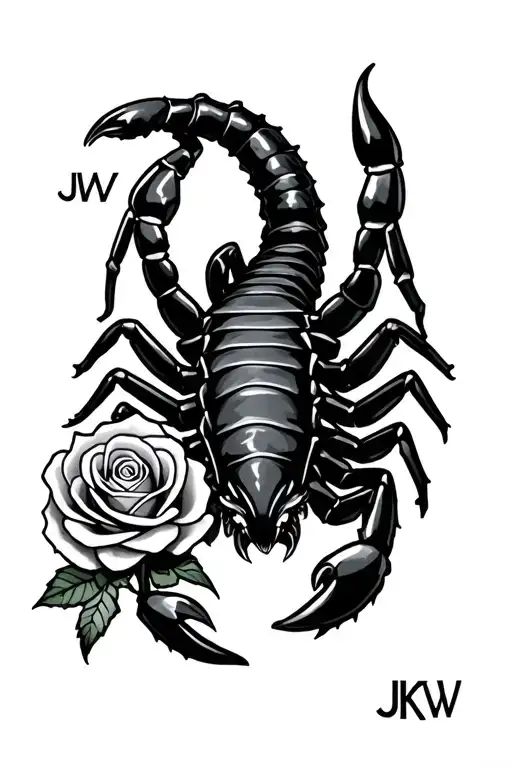 Scorpian With Rose Connected To Tail With The Letters Jkw