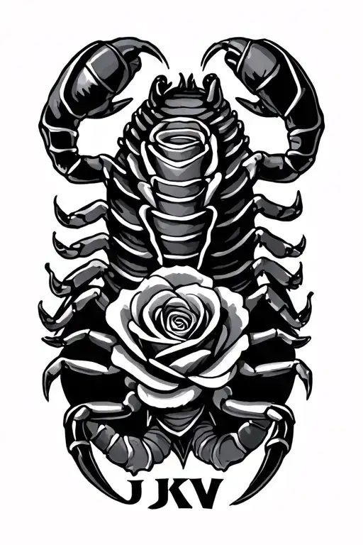 Scorpian With Rose Connected To Tail With The Letters Jkw