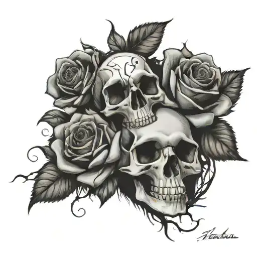 Skull Time And Roses Intertwined
