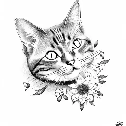 Cat Red White Black Stretching With Flowers