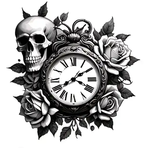 Roman Figure Clock With Next A Skull And Roses