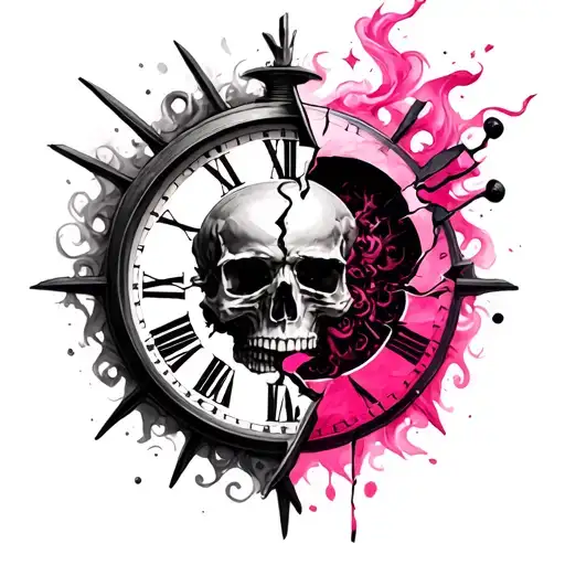 Roman Figure Broken Clock With Next A Skull And Pink And Smoke