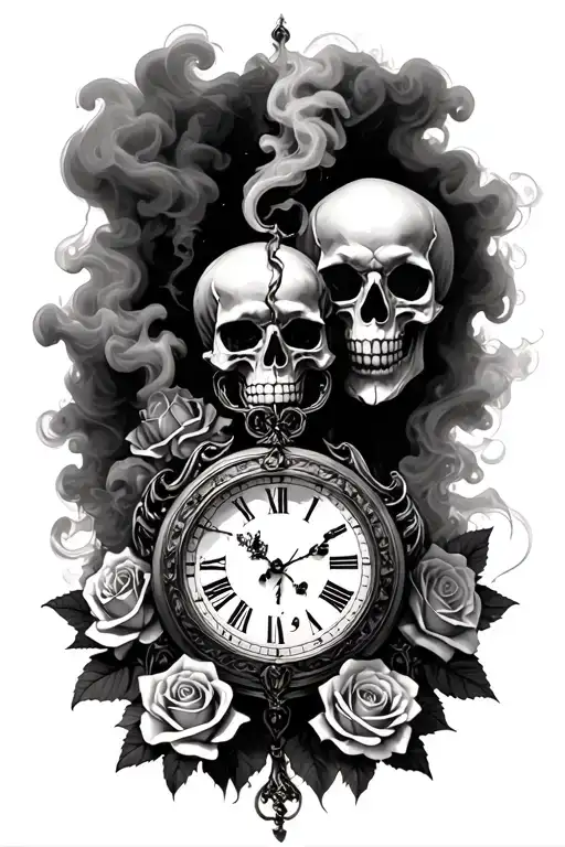 Roman Figure Broken Clock With Next A Skull And Roses And Smoke On The Background