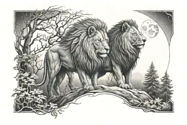 Lion And Wolf Facing Moody Forest Pathway To Moon