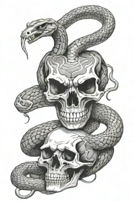 Snake With Aggressive Posture Winding Around A Skull