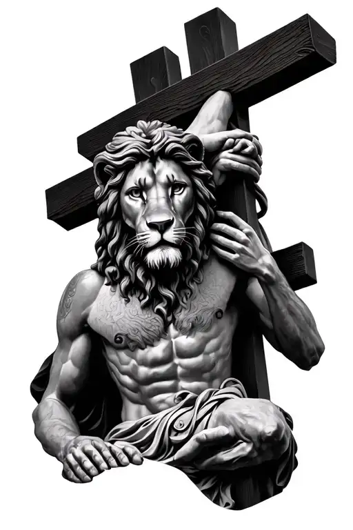 Realistic Lion And Jesus On The Cross