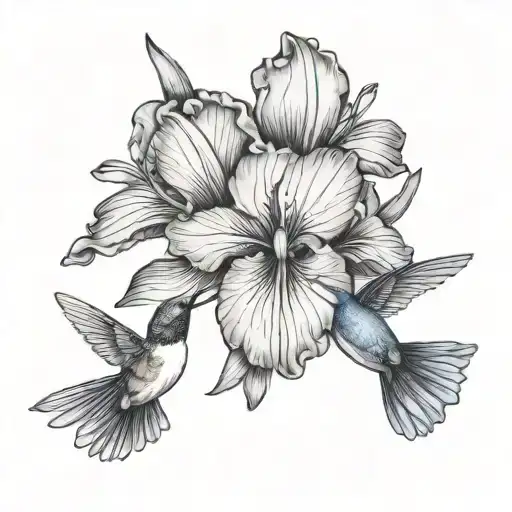 Iris Flowers And A Hummingbird