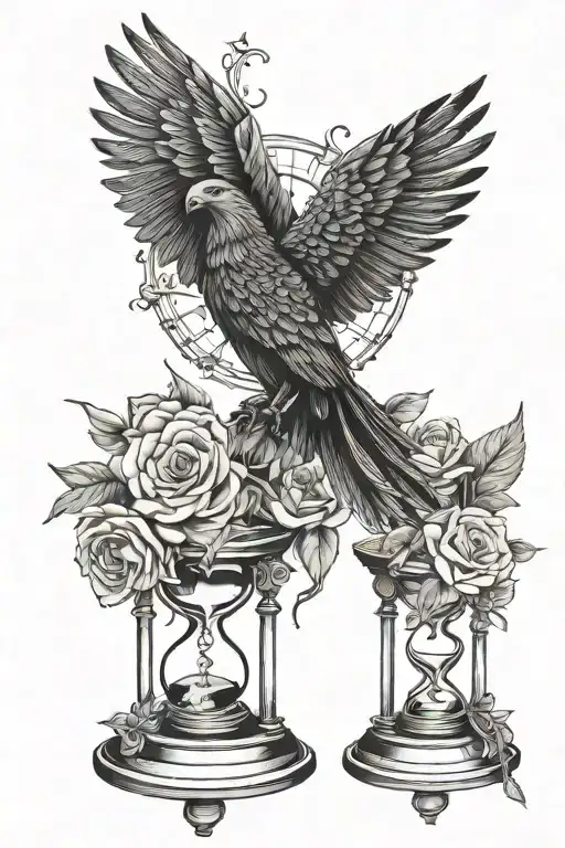 Mountains With 3 Stars Phoenix Raven Wings Books Hourglass Skeletal Hand Holding Rose Violets