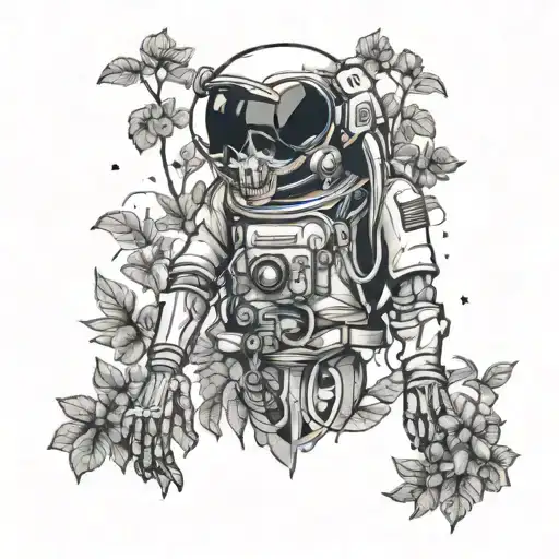 Skeleton Astronaut In Space With Plants Around