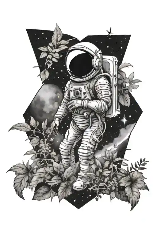 Skeleton Astronaut In Space With Plants Around