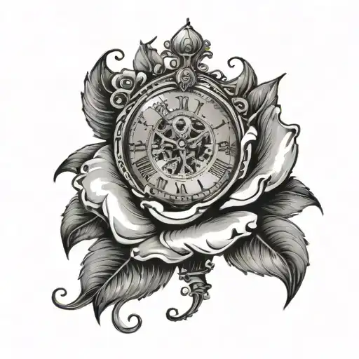Hand Tattoo With Half A Clock And Half A Rose