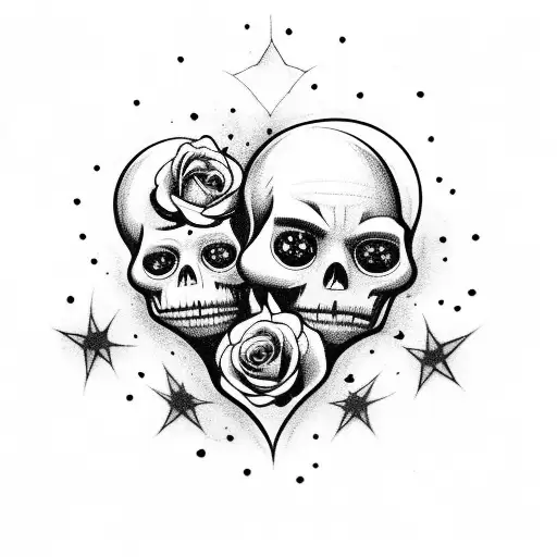 A Moon And Stars Forming The Shape Of A Heart With Roses And Skulls Around It