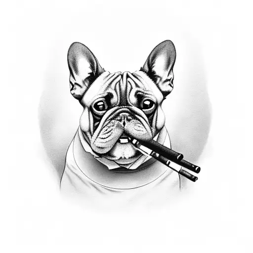 A Surreal Black And Grey Portrait Of A Frenchie Blowing Smoke Rings