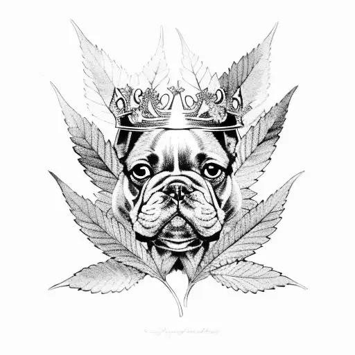 A Frenchie Wearing A Crown Of Cannabis Leaves