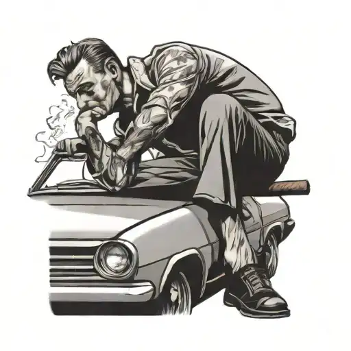 A Man Fell On The Roof Of A Car And Lies There Smoking A Cigarette