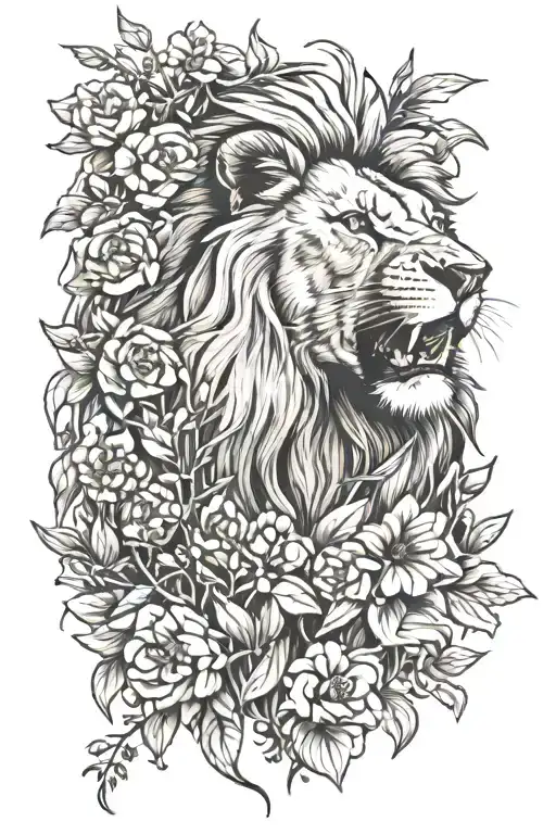 Lion Head Out Of Bush And Flowers