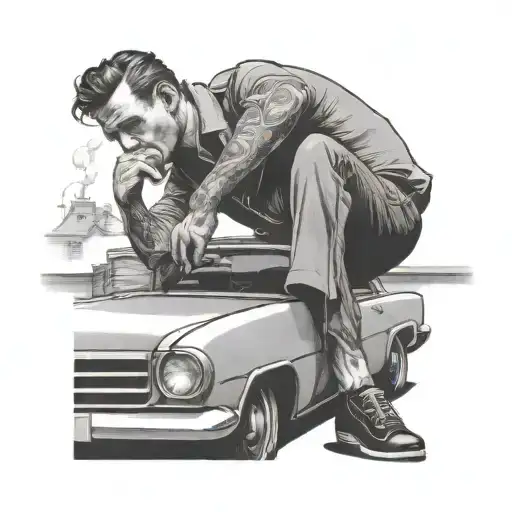 A Man Fell On The Roof Of A Car And Lies There Smoking A Cigarette