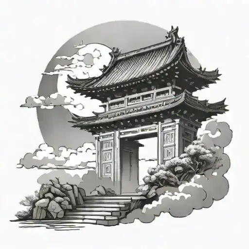 Black And White Theme Japanese Torri Gate Under The Clouds With A Warrior Beneath Looking Up The Sun