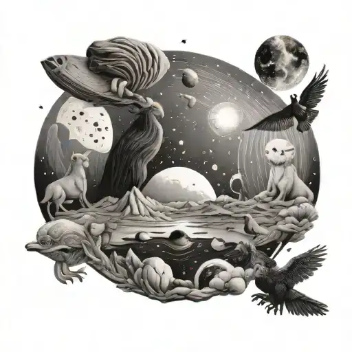 A Cosmic Landscape Featuring Animals From Different Planets In A Black-grey Style