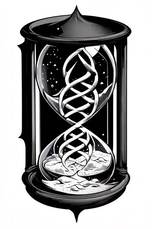 Seed Of Life Intertwined Within Broken Hour Glass With Sand And Double Helix