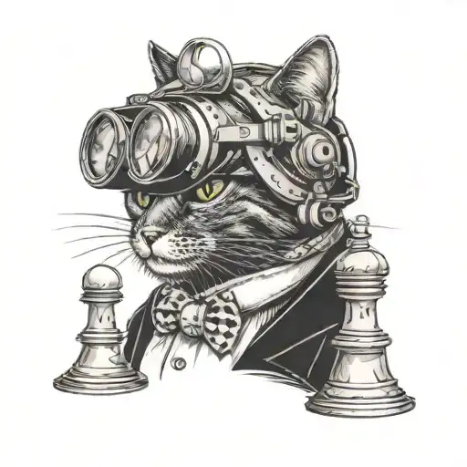 A Cat Dressed As A Business Man Playing Chess With A Diving Helmet On