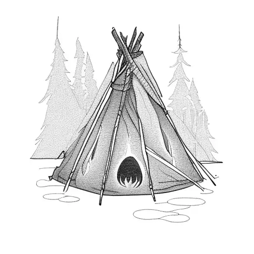 A Campfire By A Creek With A Teepee In The Background
