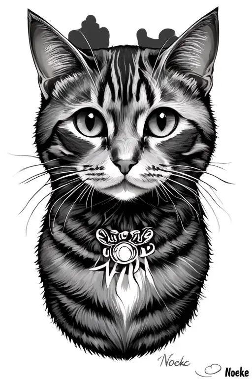 Cat Tattoo Fine Line With The Name Noeke