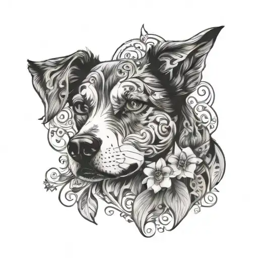 A Tattoo Featuring A Dog Portrait Surrounded By Intricate Floral Elements