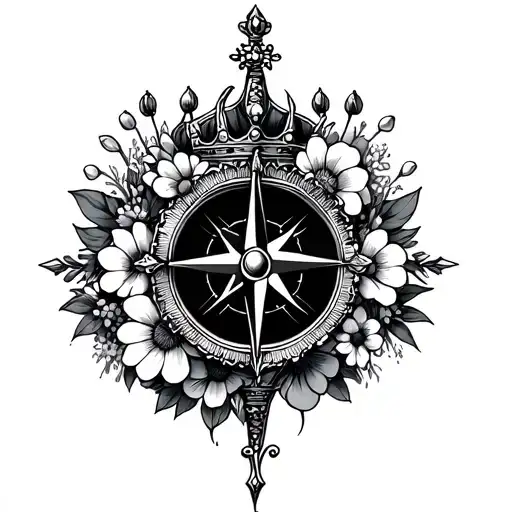 Crowns Surrounded By Flowers Along With A Compass