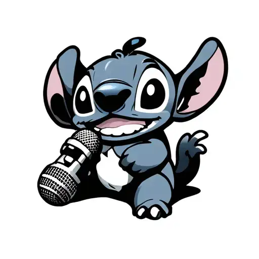 Generate A Tattoo Stencil Of Cute Cartoon Stitch Singing With A Mic In His Hand