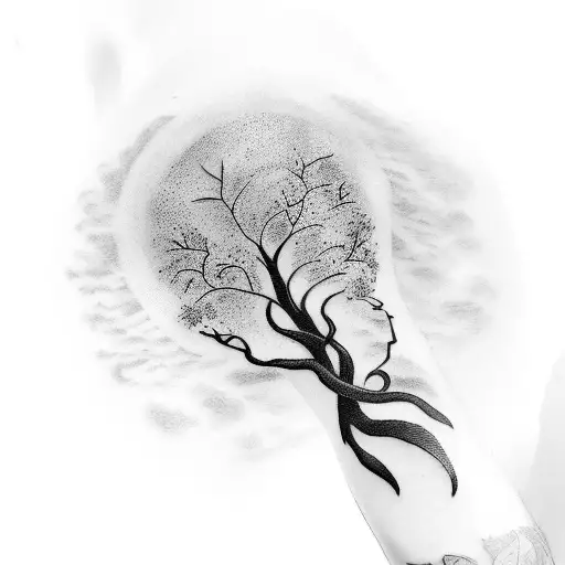 A Tree Of Life Tattoo On Upper Arm With Chakra In Background And Clouds To Cover The Area