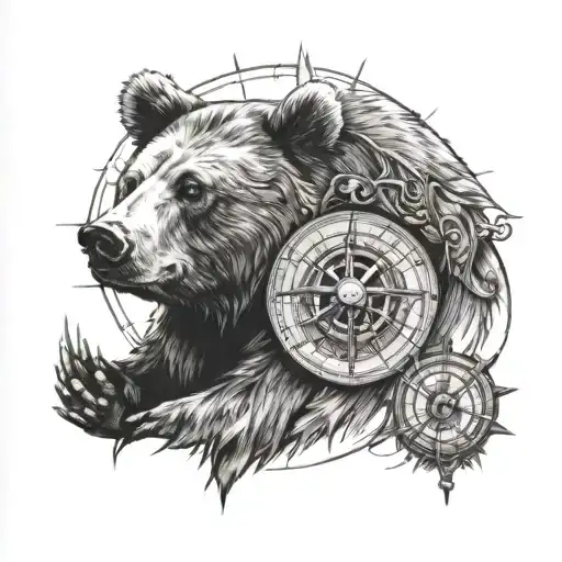 A Sketch Of A Tattoo Of A Bear Holding A Compass Rose