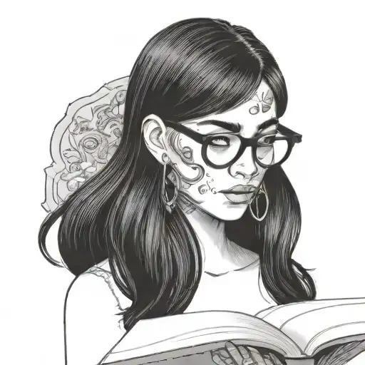 Girl With Long Black Hair And 00 Gaged Earrings And Glasses Reading Book In Front Of Face