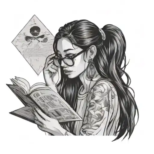 Girl With Long Black Hair And 00 Gaged Earrings And Glasses Reading Book That Covers Face
