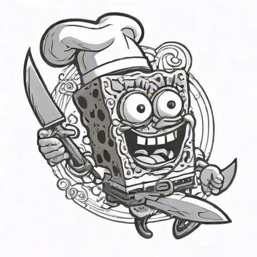 Spongebob With Chef Knife In Medievial Etching Style