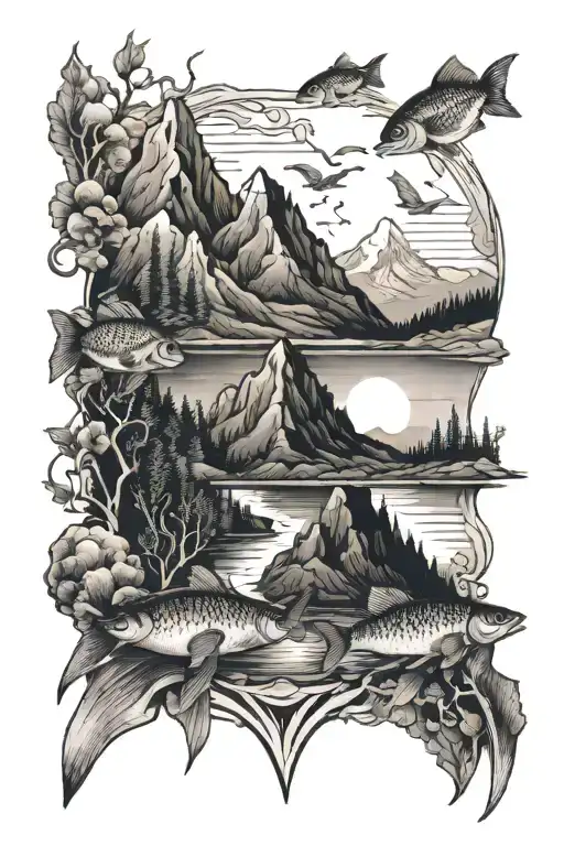 Mountain With Fish And River
