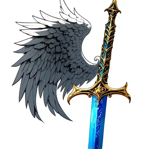 Gold Blue Sword With Angel Wings Spread