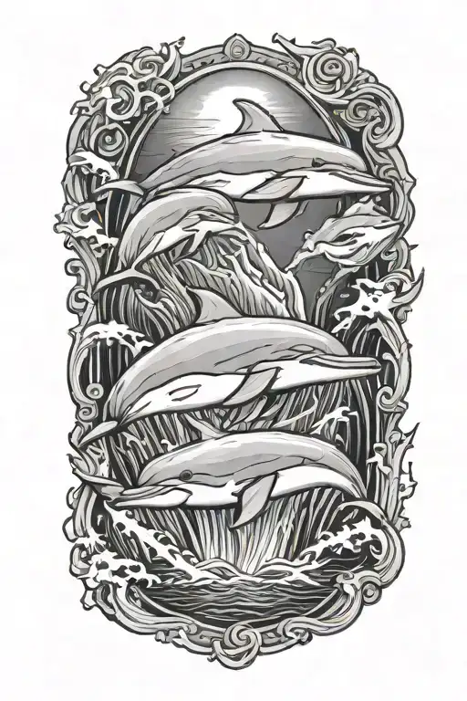 Killer Wales And Dolphins Under An Iceberg