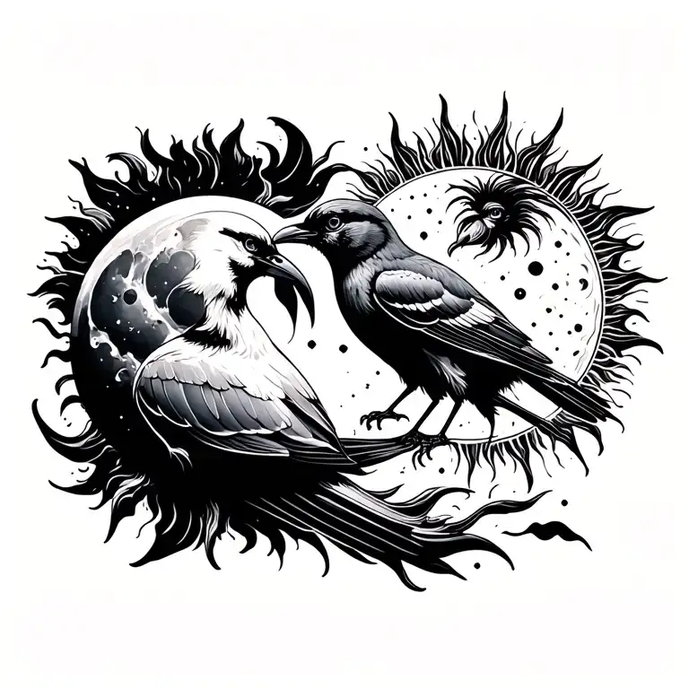 2 Birds One On The Side Of The Moon And The Other On The Side Of The Sun