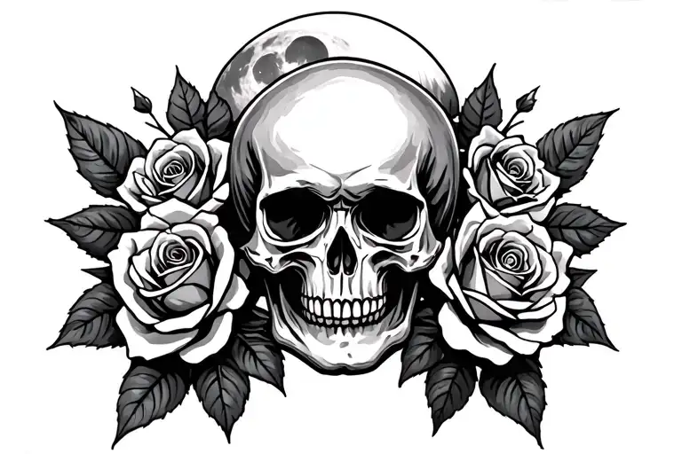 Skull With Roses And The Moon In The Back Ground