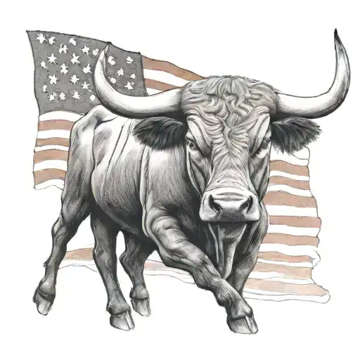 Realistic Bull In Front Of American Flag