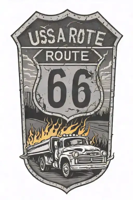 Usa Route 66 Sign With A Truck And A Road And Flames