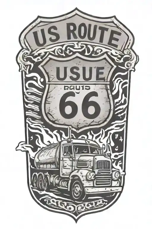 Usa Route 66 Sign With A Truck And A Road And Flames